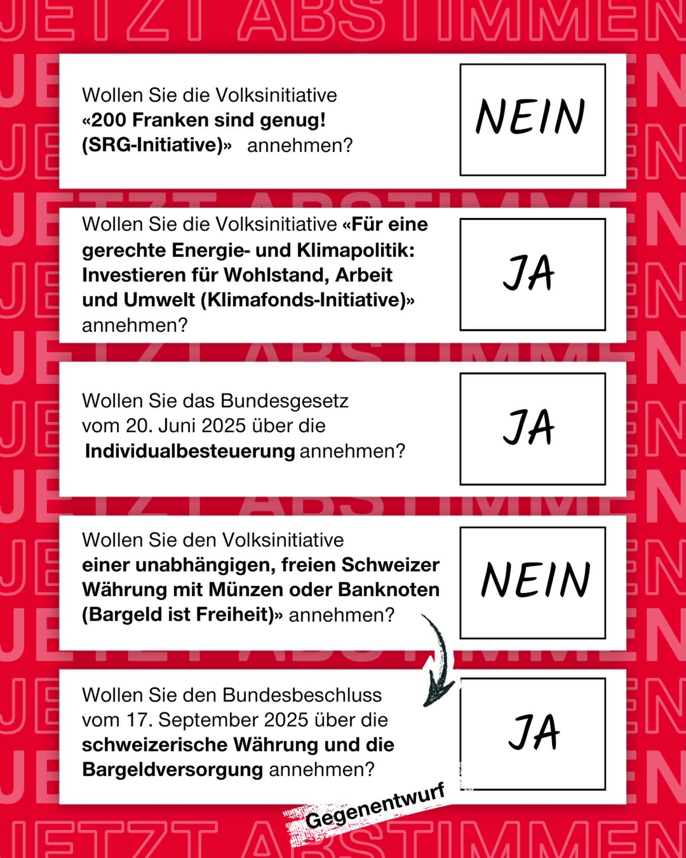 NEIN zur Anti-SRG-Initiative - JA zur Klimafonds-Initiative - JA zu einer gerechten Individualbesteuerung - NEIN zur Bargeld-Initiative, JA zum Gegenentwurf